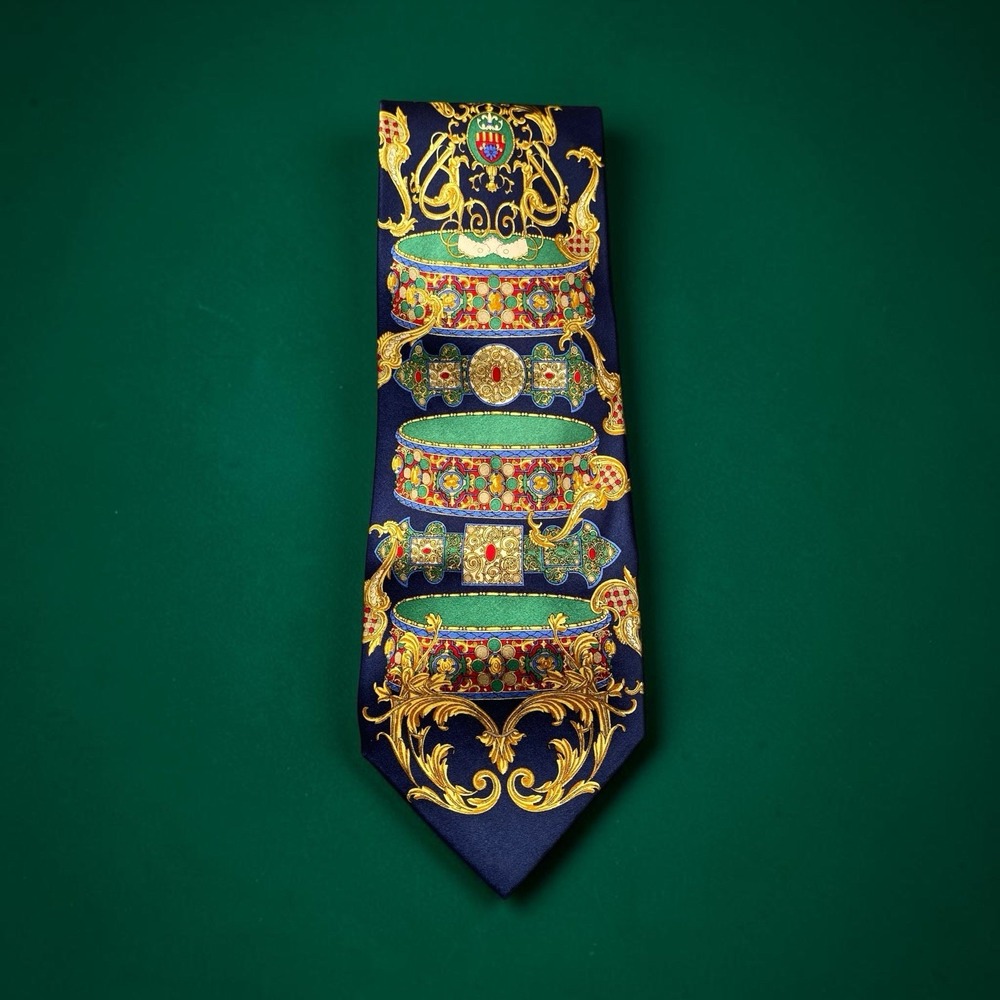 Baroque Ornate Silk Necktie Navy Gold Statement Tie Italian Style Luxury